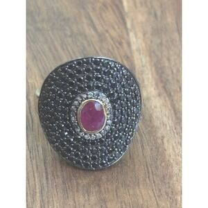 Rarities By Carol Brodie Black Spinel  Ruby Gemstone Vermeil Statement Ring 9
